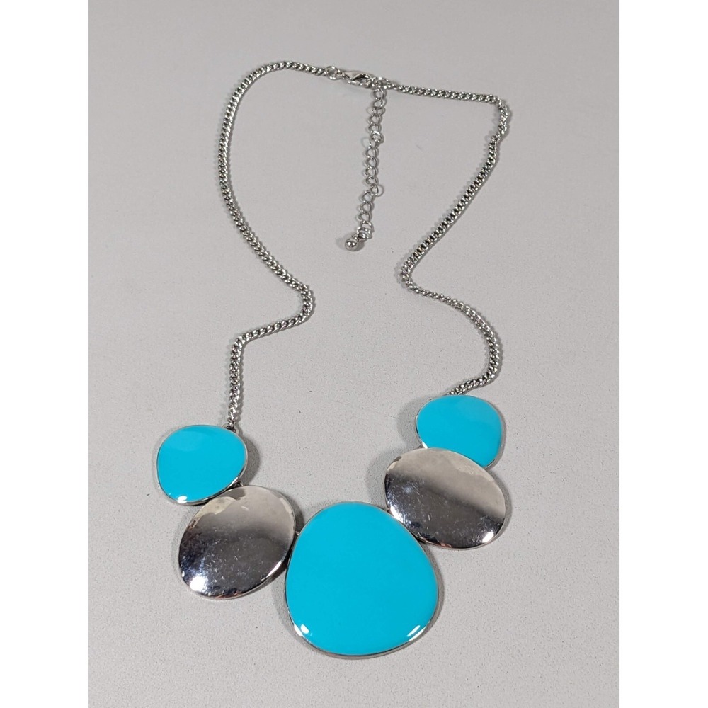 Blueβ Enamel Oval Panel Statement Necklace Silver Tone 22"